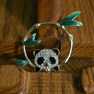 Panda Brooch with Gold Colored Circle, Green Leaves and Rhinestones
